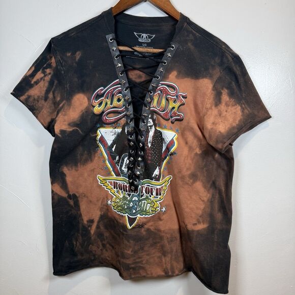 Mad Engine Aerosmith World Tour Tee T Shirt Lace Up Front Tie Dye Women’s Large - Picture 1 of 16